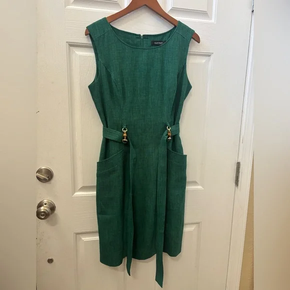 Ellen Tracy Elegant Green Sleeveless Belted Dress Size 10 - Picture 4 of 16